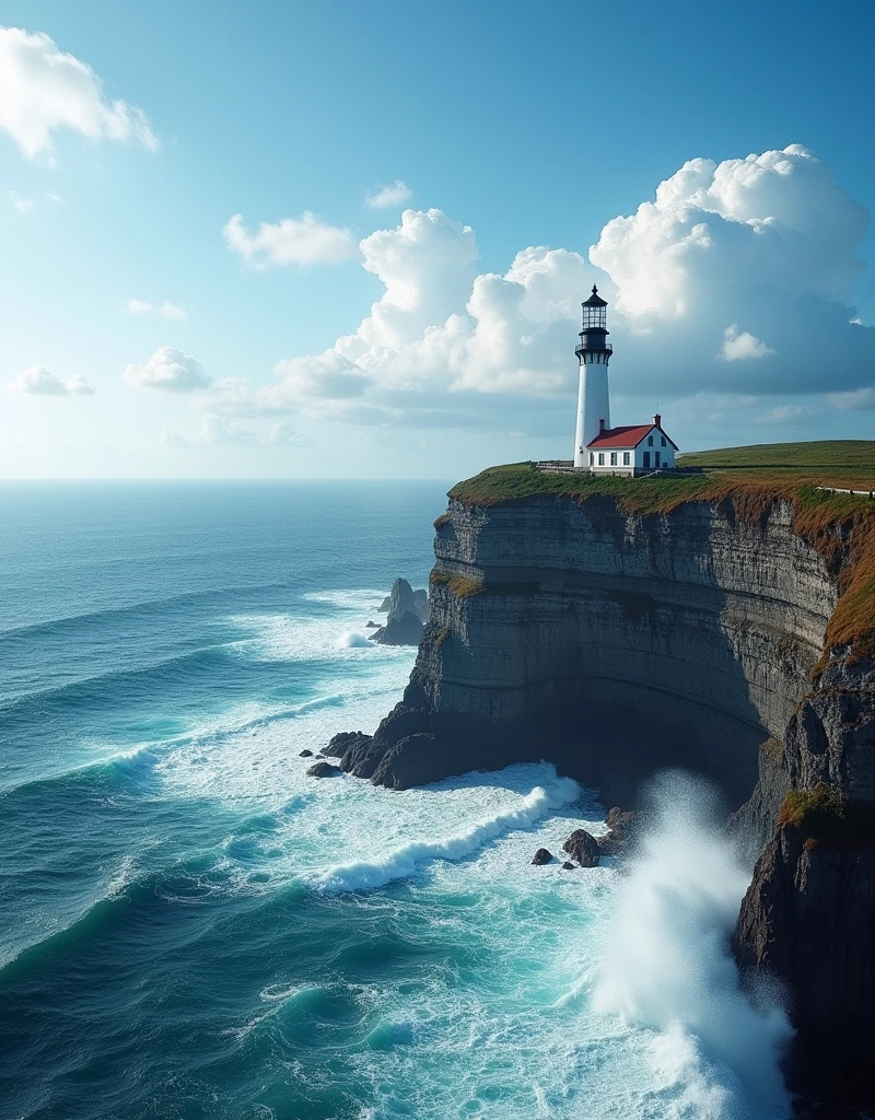 masterpiece,high quality,best composition,sea lapping cliff,lighthouse standing on the cliff,big waves lapping on the cliff,blue sky,big white clouds,bird view,dynamic composition,
