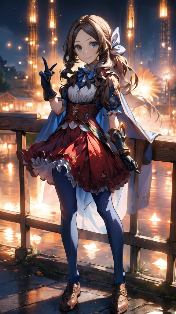 (full body),masterpiece, Highest quality, High resolution, Da Vinci, ponytail, Hair Ribbon, Parted bangs, Small breasts, Blue Ribbon, Single gauntlet, Cape, Red Skirt, Puff short sleeves, Blue gloves, Blue Pantyhose, Cowboy Shot, Are standing, Outdoor, smile,