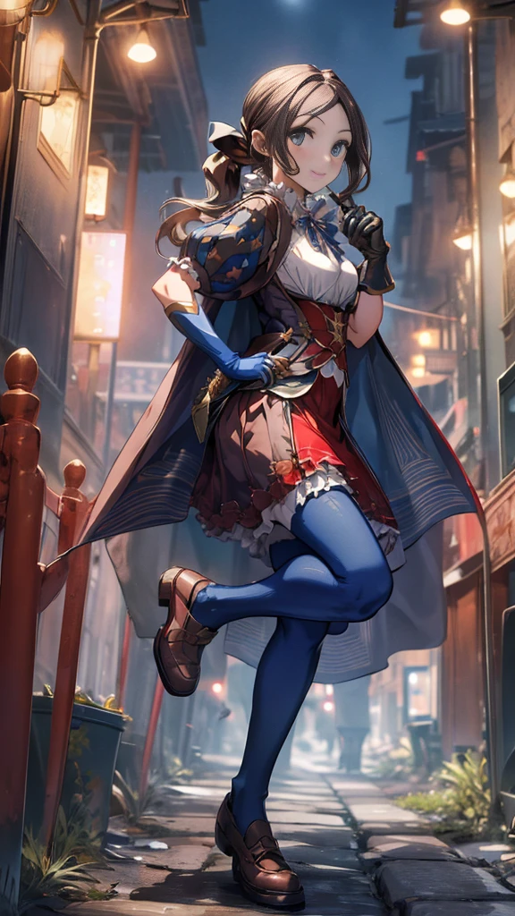 (full body),masterpiece, Highest quality, High resolution, Da Vinci, ponytail, Hair Ribbon, Parted bangs, Small breasts, Blue Ribbon, Single gauntlet, Cape, Red Skirt, Puff short sleeves, Blue gloves, Blue Pantyhose, Cowboy Shot, Are standing, Outdoor, smile,