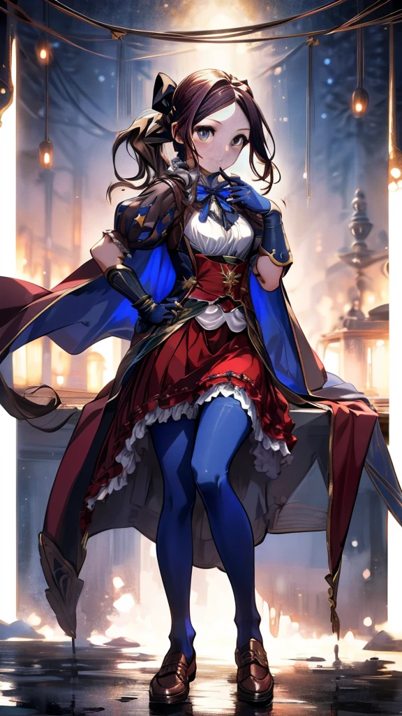 (full body),masterpiece, Highest quality, High resolution, Da Vinci, ponytail, Hair Ribbon, Parted bangs, Small breasts, Blue Ribbon, Single gauntlet, Cape, Red Skirt, Puff short sleeves, Blue gloves, Blue Pantyhose, Cowboy Shot, Are standing, Outdoor, smile,