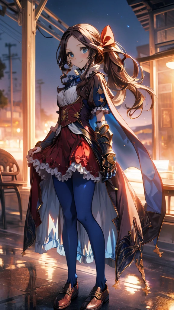 (full body),masterpiece, Highest quality, High resolution, Da Vinci, ponytail, Hair Ribbon, Parted bangs, Small breasts, Blue Ribbon, Single gauntlet, Cape, Red Skirt, Puff short sleeves, Blue gloves, Blue Pantyhose, Cowboy Shot, Are standing, Outdoor, smile,