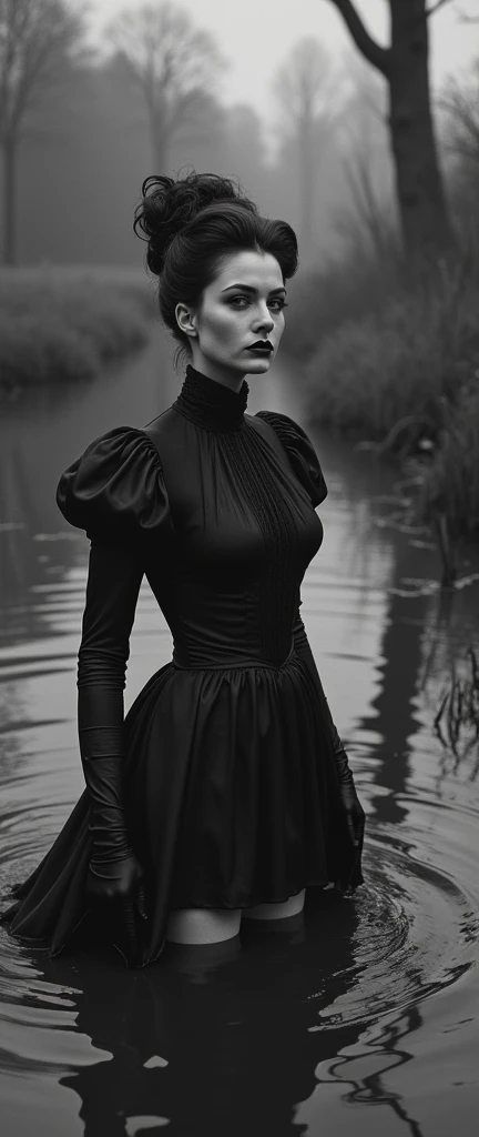 old monochrome film, drama, stuck in bog,high-neck style, closed Puritan dress, short mini-dress, hips, high-neck dress, aristocratic hairstyle, stockings with garters, red lips, goth, aristocratic, gloves