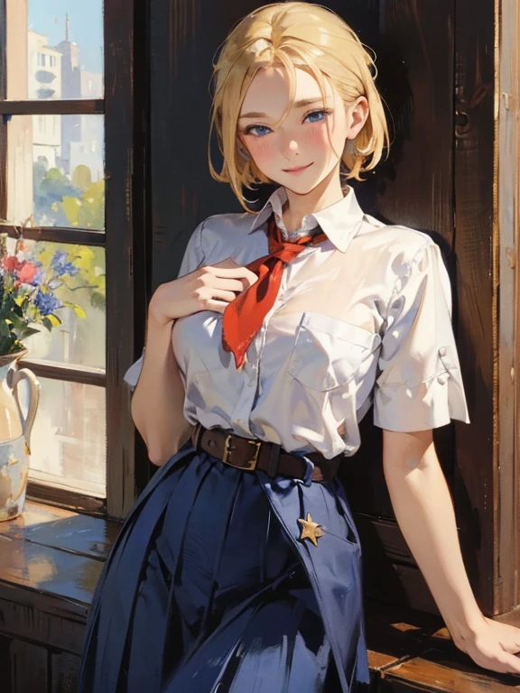 sex fuckfuckfuck art by (Carl Larsson:1.2),(post-Impressionist),,((oil painting)),soft lighting,COOL,cammy sf6, 1girl,独奏,blonde hair, short hair,Blue eyes, large breast, scar on cheek , face,nose blush,(half-closed eyes),detailed eyes,looking at viewer,(smile:1.3),FUCKfuckfuck FUCKOFF　sexly　best quality, highres, and18,sex　Very young and slim girl, Full Height, round face, Big Blue Eyes, A shy smile, Perfect big , Pioneer neckerchief, Micro tight blue pleated skirt, bangs, tight white shirt, Short sleeve, Collared shirt, belt, Red neckerchief, Chest pocket, Braiding, Hair Ribbon, Blue Ribbon, Short curly fluffy blonde hair, Things to know