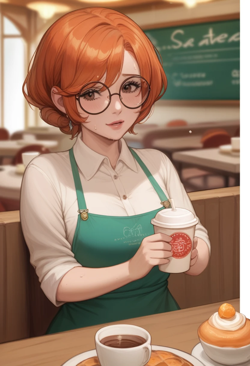 Adult, female, mature, androgenous, short orange hair, messy orange hair, orange hair,  perfect brown eyes, perfect brown irises, slim figure, panicking, cafe, shy, anxious, nervous, round glasses, Masterpiece, Anatomically Correct, Accurate, Best Quality, Detail, High Details, Quality, Super Detailed, High Quality, close up, holding 2 coffees cups, offering, sweat, in a cozy cafe, beautiful cafe, cottage cafe, looking at viewer