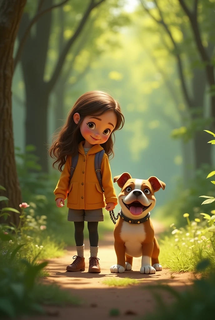 From the image I uploaded, I want a composition of that girl accompanied by her bulldog, in Disney pixar style, in a wooded park