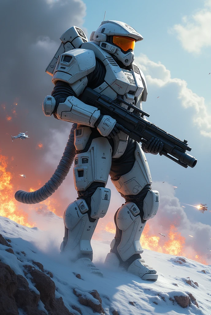 (photorealism:1.2), A space marine with an snow leopard armor on the background of a space battle