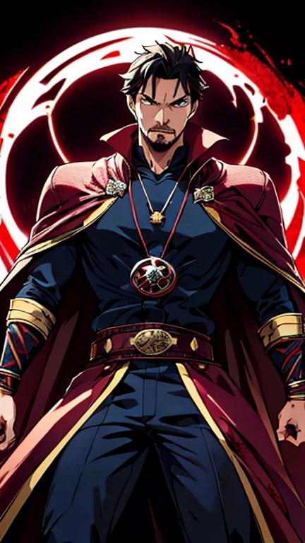 (1man, stephen_strange), (extremely detailed CG unit 8k wallpaper),(master part), (best quality), (ultra detail), (best illustration),(fairy_tail_style), (from the front view, cowboy shot, symmetrical composition, (Sharp eyeliner, ombre, detailed eyes:1), standing in Dracula's Castle, break , vamptech, blood, vampiric,upper body, necklace,jewelry,cape