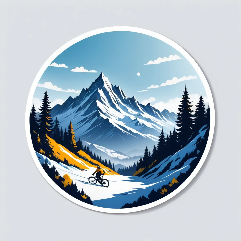 (Sticker),White background,(in circle), winter mountain with sport, ,Simple, Ultra detailed, Detailed drawing, vectorised, Silhouette, 8K, professional sticker design, Flat design, Vector lines, Sticker, Full-HD