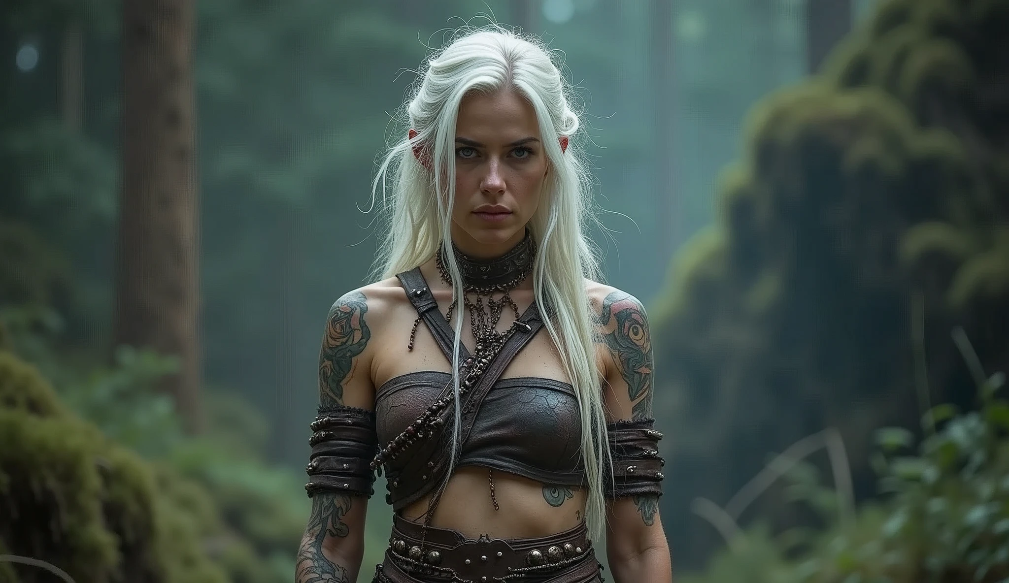 white haired scraggly shirtless tattooed female viking shaman, has glowing tattoos, wearing light leather armor