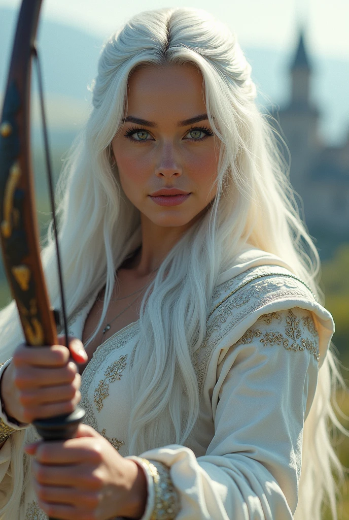 Gal gadot actress face,archer characteristics,fantasy,ultra realistic, fantasy game,mmorpg, White medieval clothes,white hair