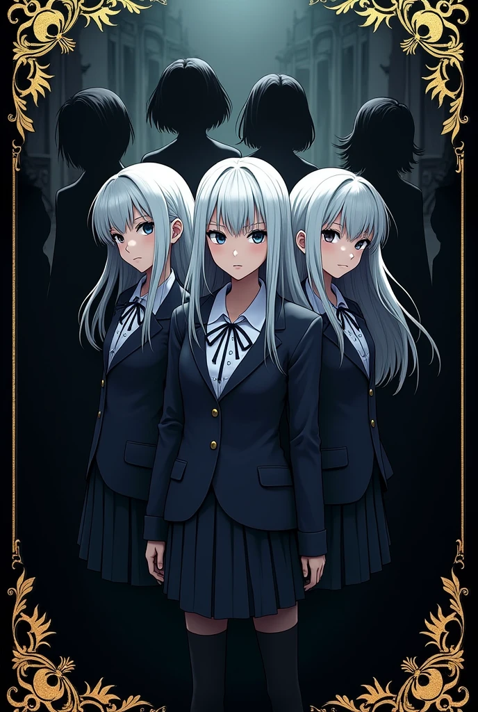 Make me a cover around it with a gold design, black background, "with several black humanoid shadows around", three girls in the middle, agers in school uniform, all three with white hair, different hairstyles, A girl with a bow , mysterious atmosphere
