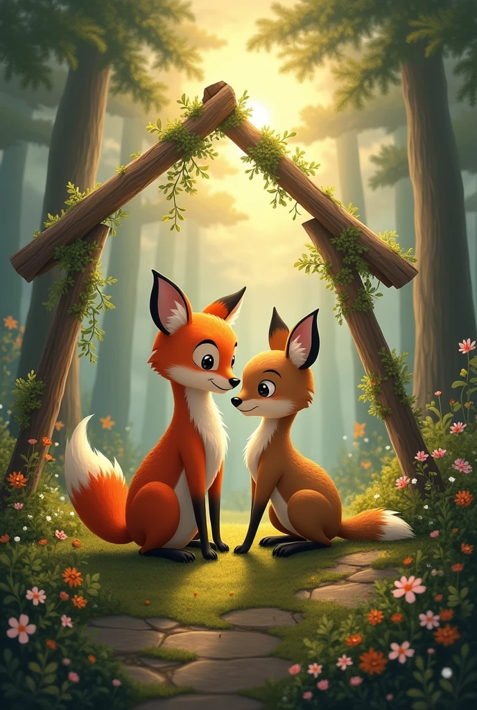 




 Both the fox and deer  working together to build a shelter, symbolizing their newfound friendship and teamwork. The storm is clearing up, indicating the end of their struggle.