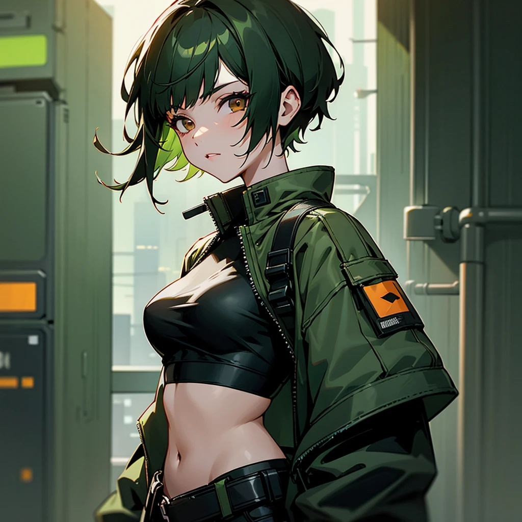 (highest resolution, distinct_image) Best quality, a female's masterpiece, highly detailed, semi realistic,(most of body), (best quality, masterpiece, ultra-realistic), portrait of 1 beautiful  girl,black hair, wolfcut, emo, darkskin, emo outfit, y2k,angry expression, snap, ripped black bangs, open jacket, shadow over eyes, furious, soarypaint background, green sparks,shorthair, Wolfcut hair, green streaks in hair, eyes down, mad, thighs, posing, hourglass figure,