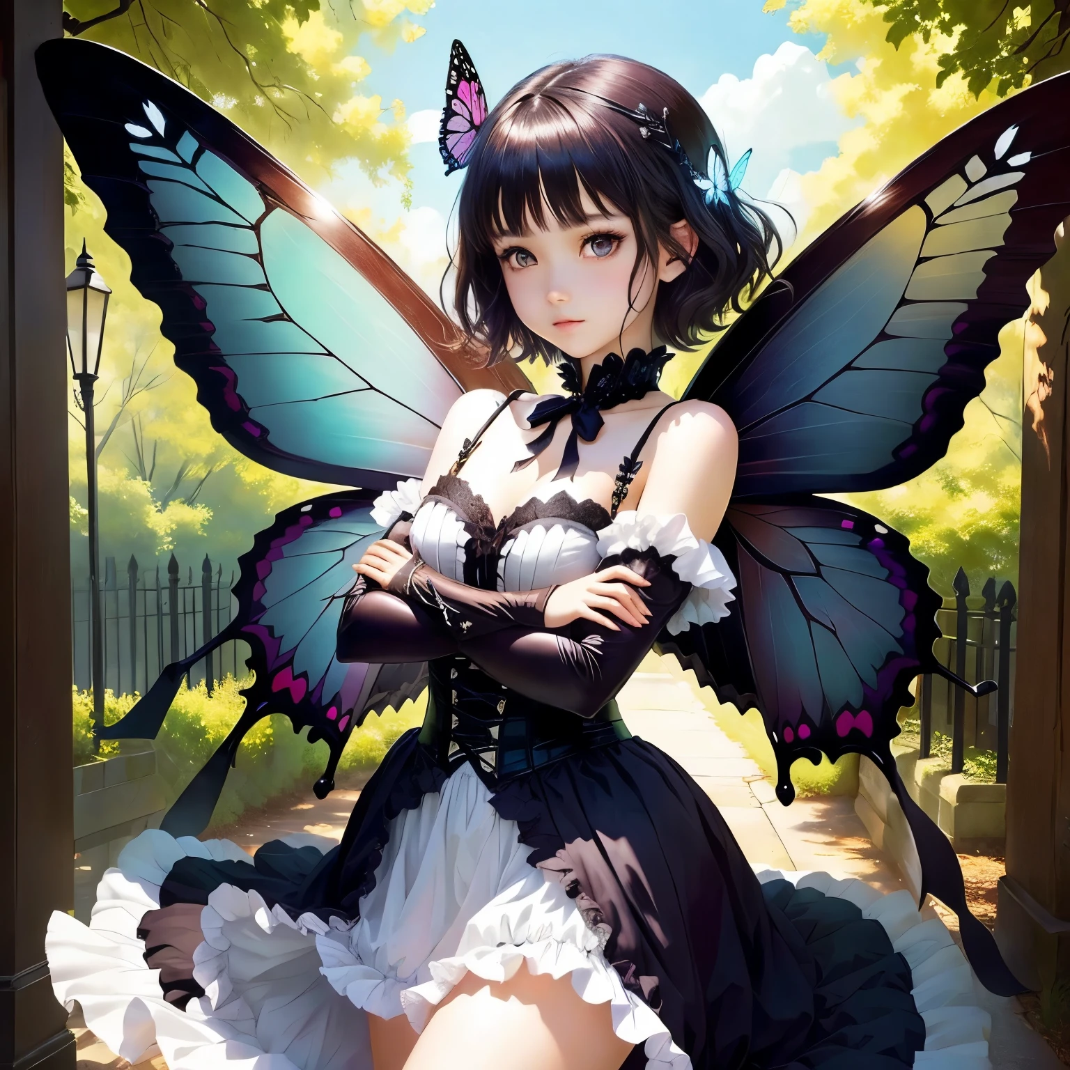 Fairy、Butterfly Wings、Short-haired girl、Posture with crossed arms、Gothic Girl、Realistic Anime -- Automatic