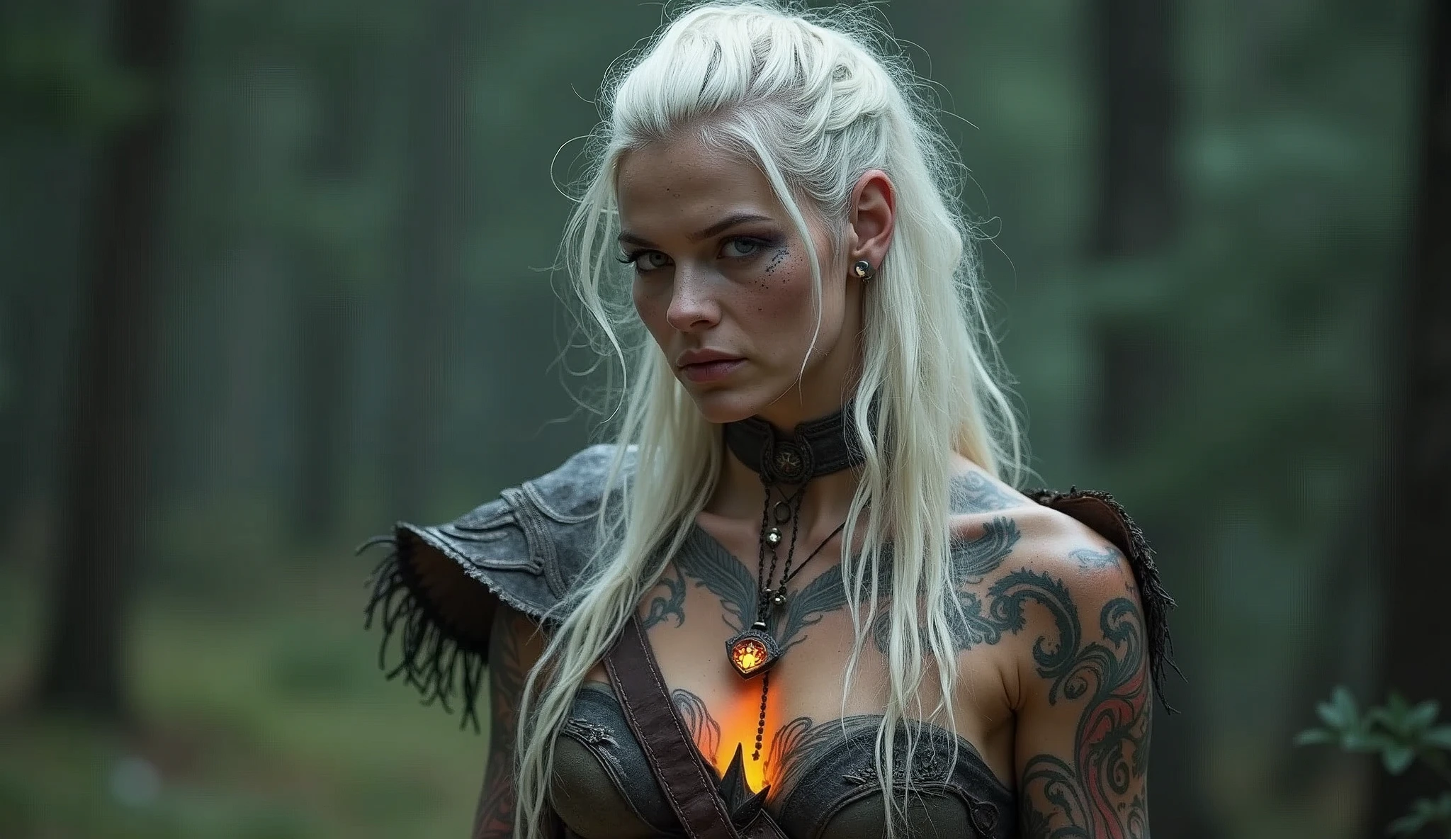white haired scraggly shirtless tattooed female viking shaman, has glowing tattoos, wearing light leather armor