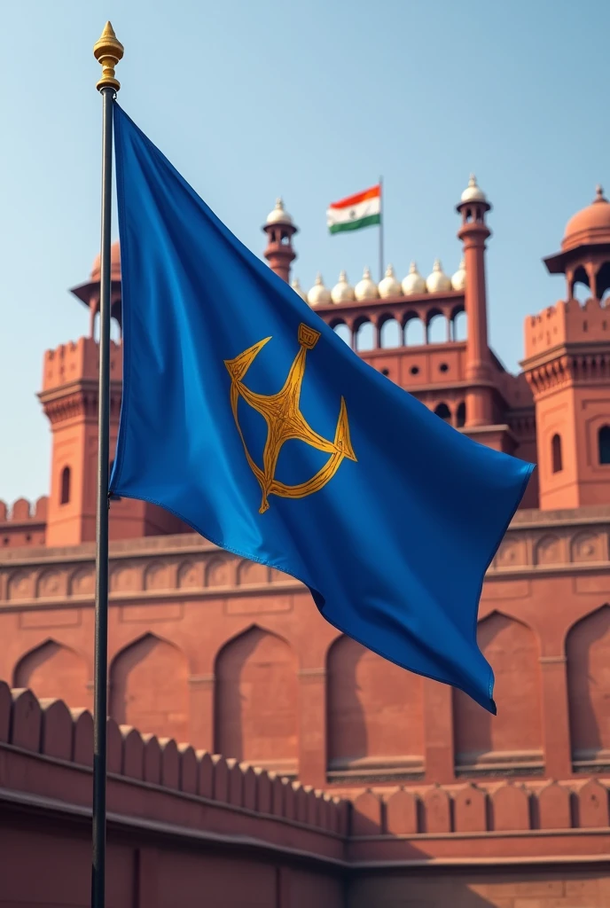 Sikhism blue flag on red fort of india