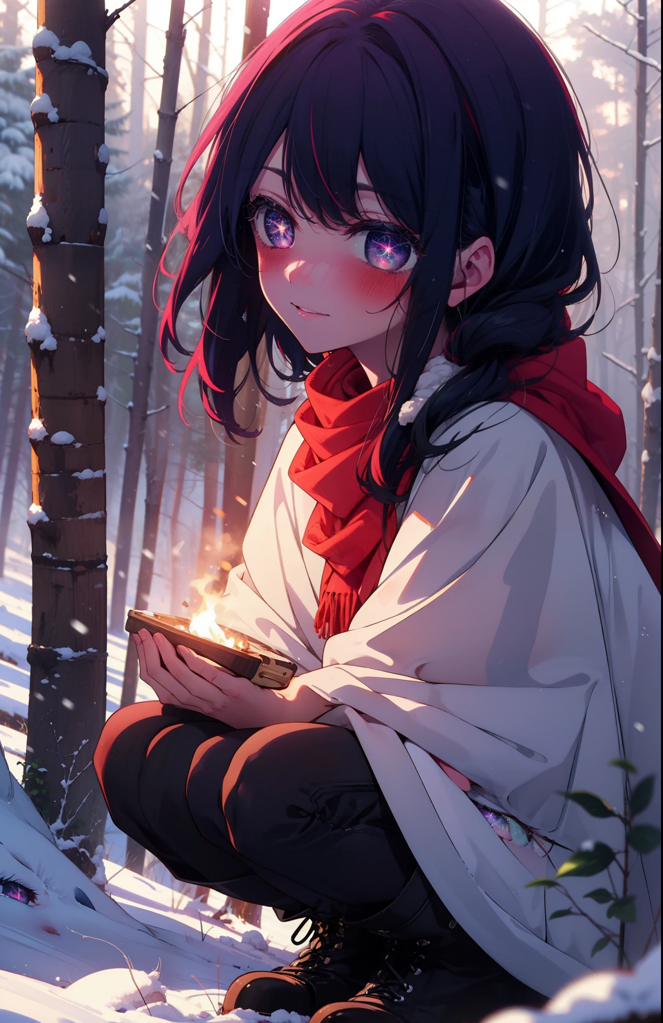aihoshino, Ai Hoshino, Long Hair, bangs, (Purple eyes:1.1), Purple Hair, (Symbol-shaped pupil:1.5), smile,,smile,blush,white breath,
Open your mouth,snow,Ground bonfire, Outdoor, boots, snowing, From the side, wood, suitcase, Cape, Blurred, , forest, White handbag, nature, Squat, Mouth closed, Cape, winter, Written boundary depth, Black shoes, red Cape break looking at viewer, Upper Body, whole body, break Outdoor, forest, nature, break (masterpiece:1.2), Highest quality, High resolution, unity 8k wallpaper, (shape:0.8), (Beautiful and beautiful eyes:1.6), Highly detailed face, Perfect lighting, Highly detailed CG, (Perfect hands, Perfect Anatomy),