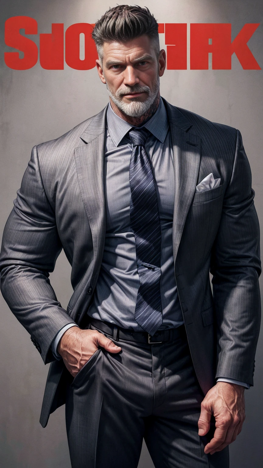 beard, short hair, small head tall old man, big beardfinger rings, wearing a suit and tie, wearing a suit and a tie, wearing suit and tie, wearing a shirt with a tie, wearing a business suit, wearing business suit, wearing black grey suit, wearing a stylish men's suit, wearing a suit, wearing a strict business suit, (8K, masterpiece, best quality, high resolution, Super detailed)elegant!Stylish background!!high-definition,8k,Skinny and tall!muscular,chesthair, Furry chest muscles!shirtless,smirk, masterpiece, best quality, high resolution, detailed background,Strong body,Very,male,he is about 60 years old,Rugged and handsome looking,Muscle tissue,Excessive muscles,chest muscles!Angry detailed background, frown, best quality, masterpiece,(muscular:1.5),(white hair:1.5 ),(Body hair is gray:1.5),Thick beard! old man,! handsome (reference American Volleyball Olympics Player - Matt Anderson), (reference Matt Anderson) (bluck tattoo:1.2), thick beard, short hair, small head identifying its content. The content of this image includes a magazine cover with a photograph of a man who appears to be an athlete, given his attire and physique. The text on the magazine cover provides context that the individual is featured for his achievements in sports, specifically related to the Olympics. The magazine's name suggests it is a monthly publication focused on local news or events, as indicated by the mention of "Zionsville." The overall aesthetic of the cover, including the choice of colors and fonts, is designed to convey a sense of accomplishment and community pride. (Chest hair:1.8) ! High detail 8K)! ((Realistically))kilograms! Popular clips! ( High-detail 8k ((realistically)), best quality, bright lighting, focus, photo realism, !Short hair!!,Germany Male !Height 208cm, small head!