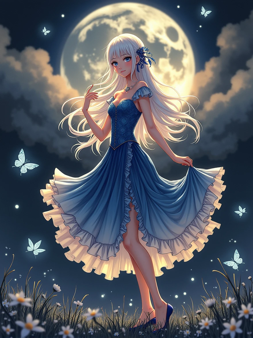 (Mastepiece), (Best Quality), Very detailed, 1 girl, (Full body solo shot:1.5), Perfect Face, beautiful girl, Very detailedな顔，(Blue Princess Dress:1.4)、(Long white hair:1.5)，(blue eyes:1.4)，(Princess:1.4)、(White flower:1.4)、(Blue Butterfly々:1.3)、(Sparkling:1.3)、moonlight、流れstar、(night、star空、White Moon:1.4)、star々、moonlight