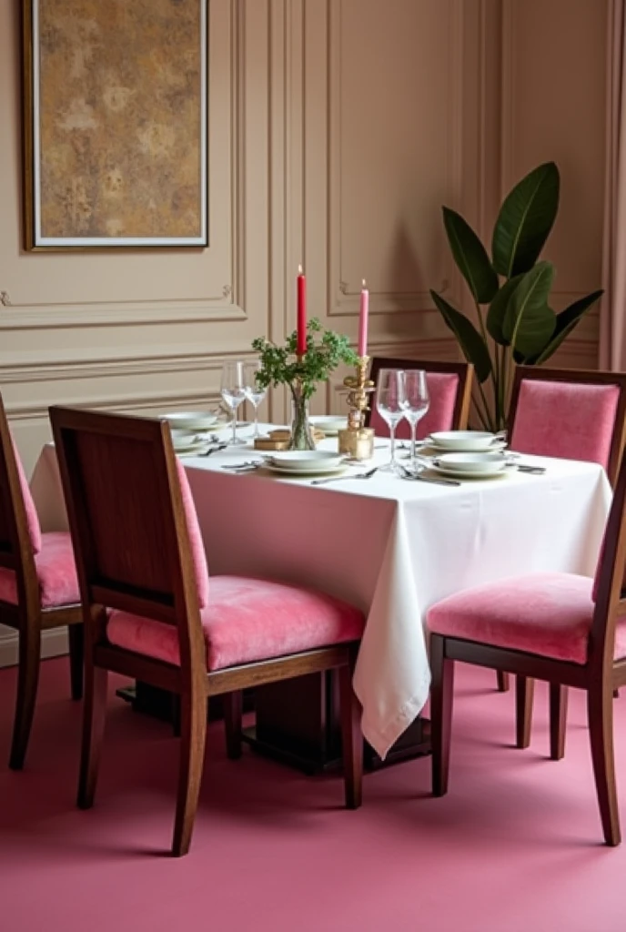 Dining chairs with pink cushions; dark brown wooden backrest; table with white tablecloth; beige walls and dark pink floor 
