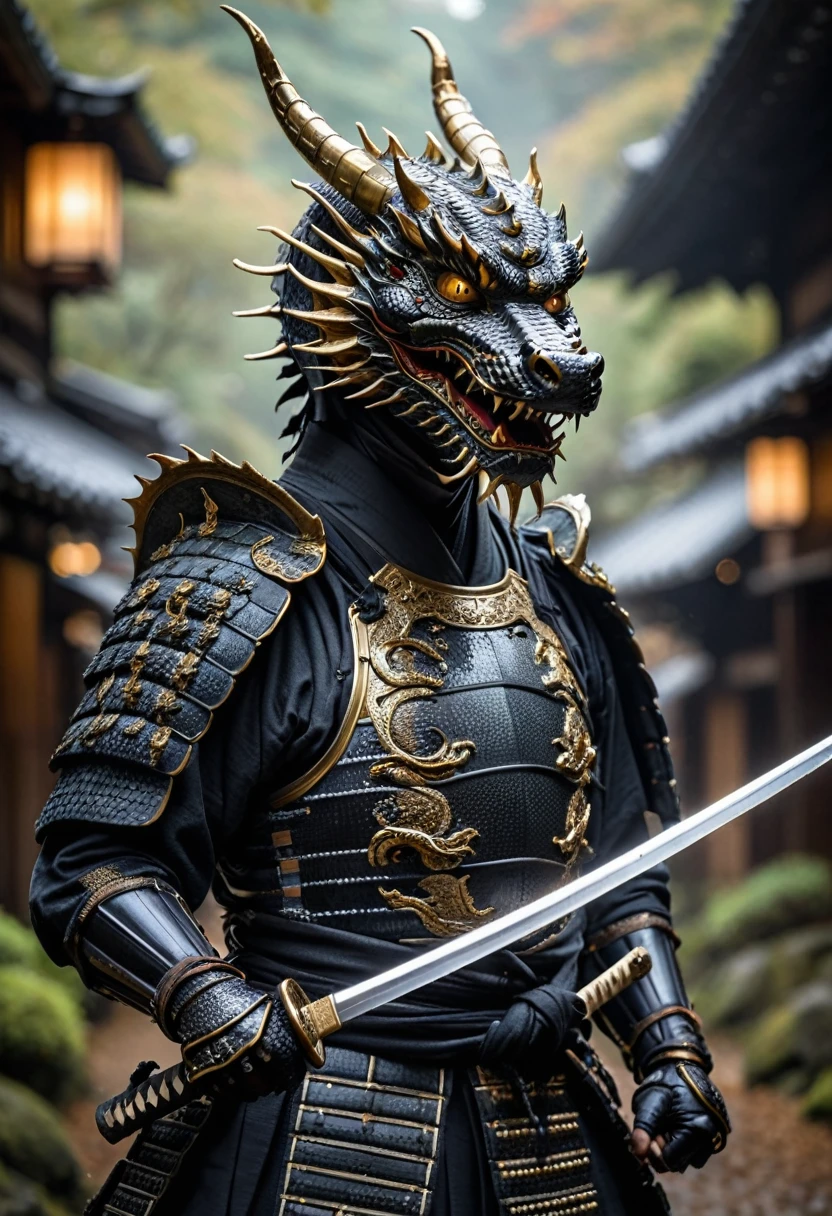 Une photo d'action, une photo numérique réaliste, Un dragon samouraï personnifié en colère sort un katana magique brillant d'une épée, noir avec une armure en bois noir, perles de samouraï, masque de samouraï démon en or, se tenant dans un ancien village japonais, Ultra HD, 8k, détaillé à la folie.