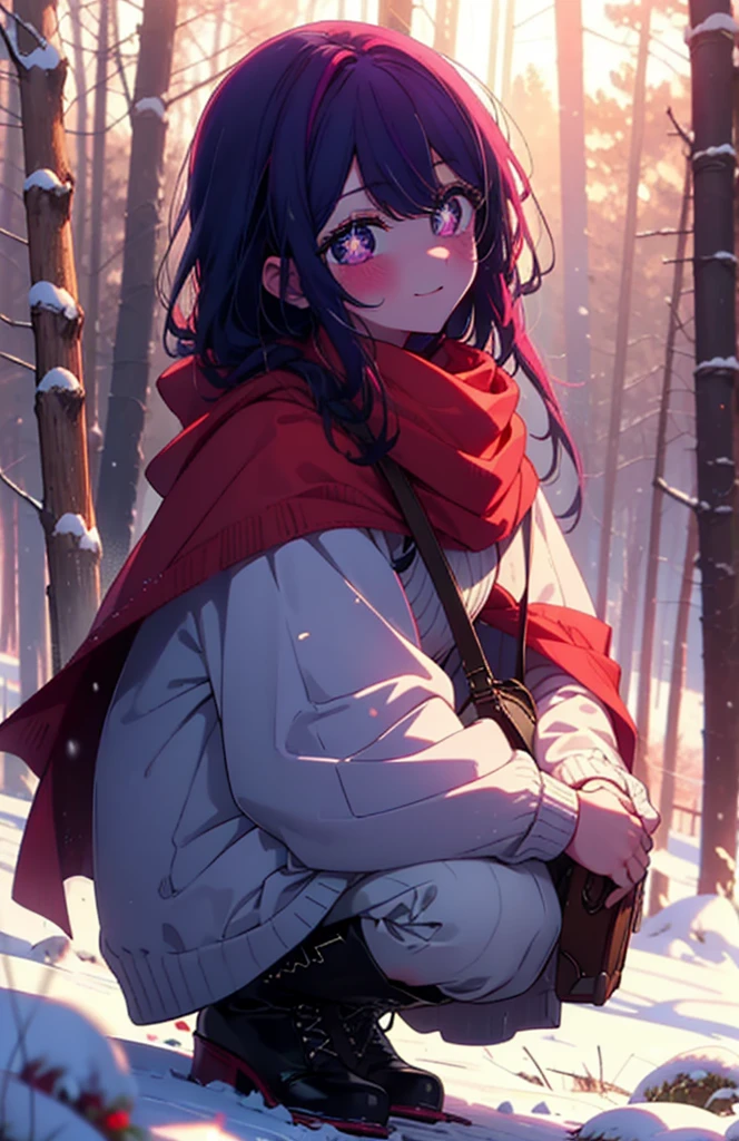 aihoshino, Ai Hoshino, Long Hair, bangs, (Purple eyes:1.1), Purple Hair, (Symbol-shaped pupil:1.5), smile,,smile,blush,white breath,
Open your mouth,snow,Ground bonfire, Outdoor, boots, snowing, From the side, wood, suitcase, Cape, Blurred, , forest, White handbag, nature, Squat, Mouth closed, Cape, winter, Written boundary depth, Black shoes, red Cape break looking at viewer, Upper Body, whole body, break Outdoor, forest, nature, break (masterpiece:1.2), Highest quality, High resolution, unity 8k wallpaper, (shape:0.8), (Beautiful and beautiful eyes:1.6), Highly detailed face, Perfect lighting, Highly detailed CG, (Perfect hands, Perfect Anatomy),