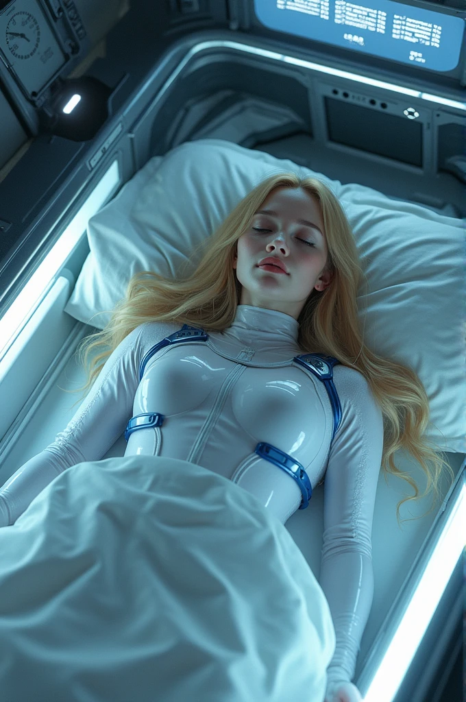 ((gorgeous realistic shoulder length blonde female with flowing hair on a realistic futuristic space station)), ((sleeping in coffin shaped futuristic cryopod)), ((cushioned bed with display and glowing control surfaces)), ((scifi circlet on head)), weightless & floating, (photorealistic), (in white and dark blue vinyl), (((sheer transparent biosuit bodysuit))), (with medical sensor harness and connected wires:1.0), (Style-Glass), (()), hdr, antialiased, 8k, ((syd mead)), sharp details, ((masterpiece)), (painterly), (good anatomy), (good proportions), (good composition), (dramapaint), (style-sylvamagic)
