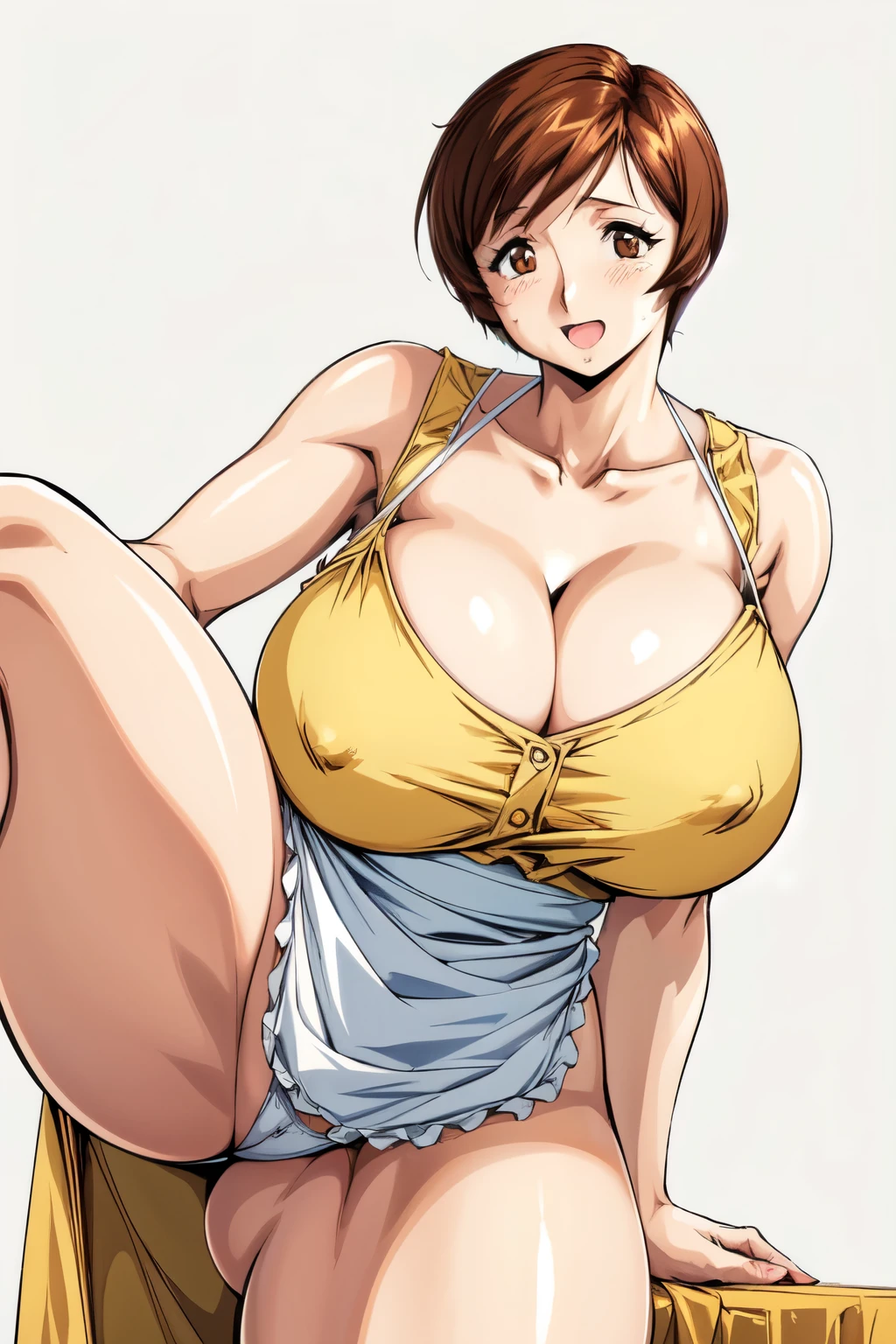 masterpiece, Highest quality, High resolution, One girl, alone, sexual intercourse, Pornographic images, short hair, etsukoto, Brown eyes, fine grain, fine grain, (white skin color), (((Thick thighs, Plump thighs, Voluptuous thighs, Thighs alone are enough))), ((Huge and enough breasts, Cleavage, Big long breasts)), Naughty big,((Big breasts are important))、((Naughty thighs)), L Cup, (thin:1.4),(Tight waist:1.4), (Yellow Dress:1.4), ((white waist apron)), White panties, (((Simple Background))), smile, Open your mouth, ((Wide Hips)), (Shiny skin, Oily skin), Mature mother, Calf, Seductive mature woman, Mature Woman, Perfect body, Plus Size Model, Curvy, enough, etsukoto, blush, clavicle, retro artstyle, 1990s (style), (Thick thighs:1.4), (from side:0.9), [[standing]], ((spread legs)), bare legs,