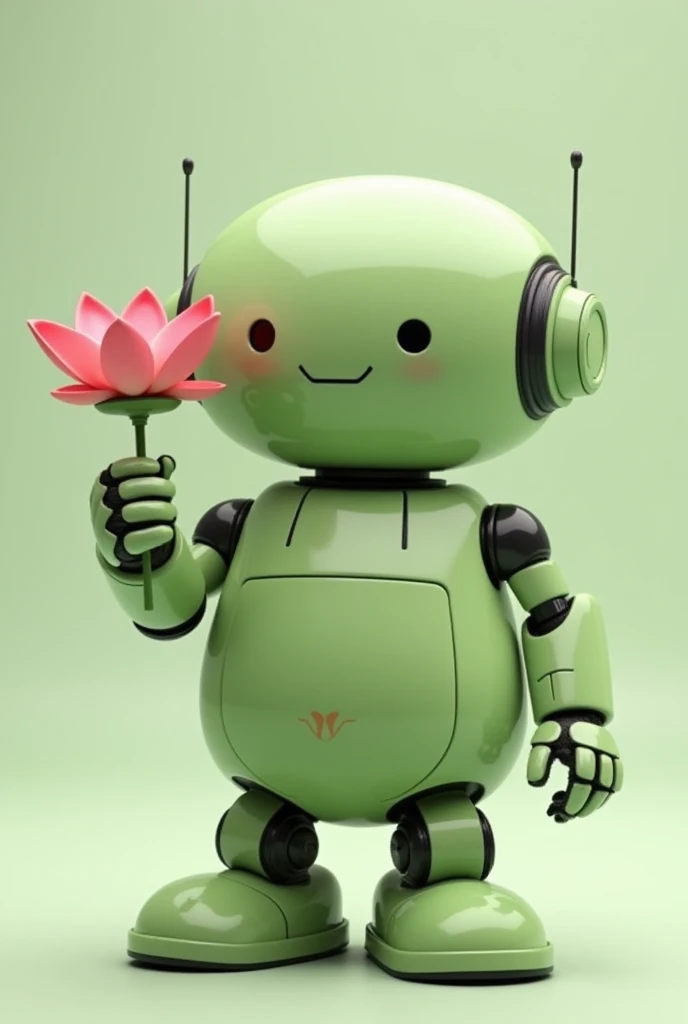 A friendly, chubby, light green robot displaying an open lotus flower in its hand, looking straight ahead.