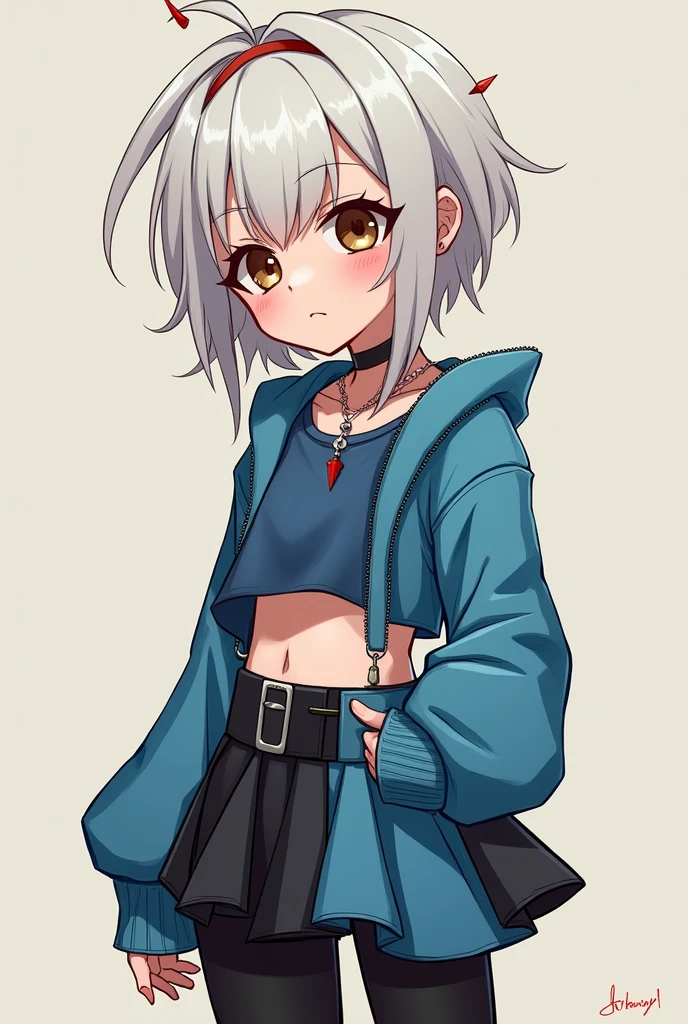 (1 person)), ((best quality)), ((masterpiece)), (detailed), ((punk-ish aesthetic)), (femboy), perfect face, a mole under each eye, little chubby, White long pixie cut with red steaks, brown eyes, Spiked choker, blue crop top, ((unsymmetrical)) half-bluehalf-Black skirt, ((Black legging), Dark Heeled Boots