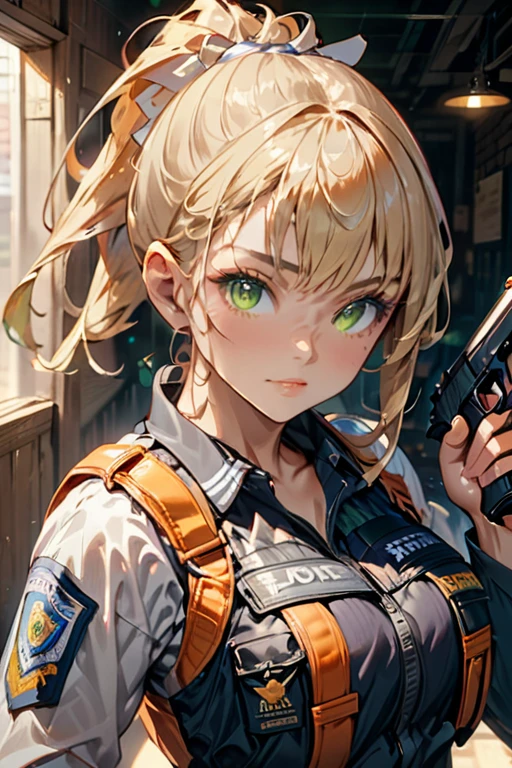college woman; Athletic and toned physique; naturally attractive with delicate features; long, wavy blonde hair often tied back; striking green eyes; fair skin with a light tan; best quality; soft blur background; trending on artstation; complex volumetric lighting; strong shadows; artistic lighting; dynamic; energetic vibe; realistic skin; specular highlights; micro-textures; highly detailed hair; police uniform with long sleeves and bullet proof vest and holding up a pistol with her hand on the pistol grip; wearing aviator sunglasses