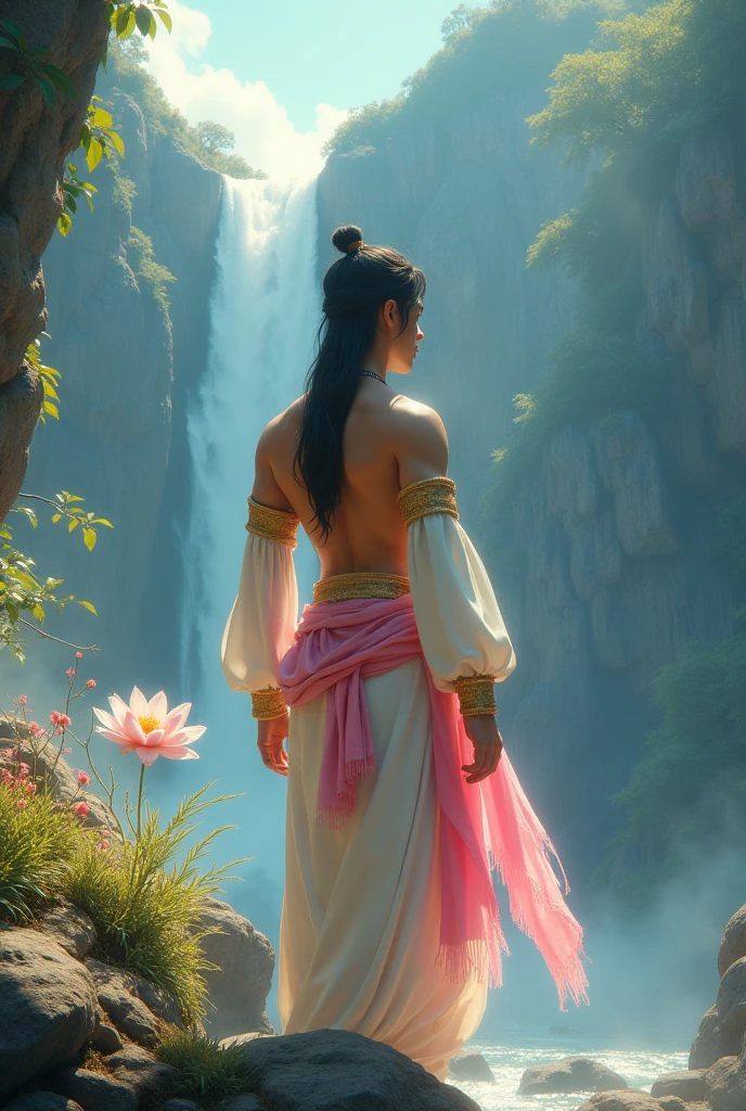full lenght hiper 4k Think of it as a movie poster. In the Night Wind, full length standing, handsome young man, 25 years old, long black hair tied halfway down, wearing a white and gold shirt and loincloth, he bends down to pick up a jasmine flower and a pink shawl that are lying on the rocks, of the waterfall and the mountain, glittering light. 3D image, oil painting, sharp image. Art image of Ajarn Chalermchai.