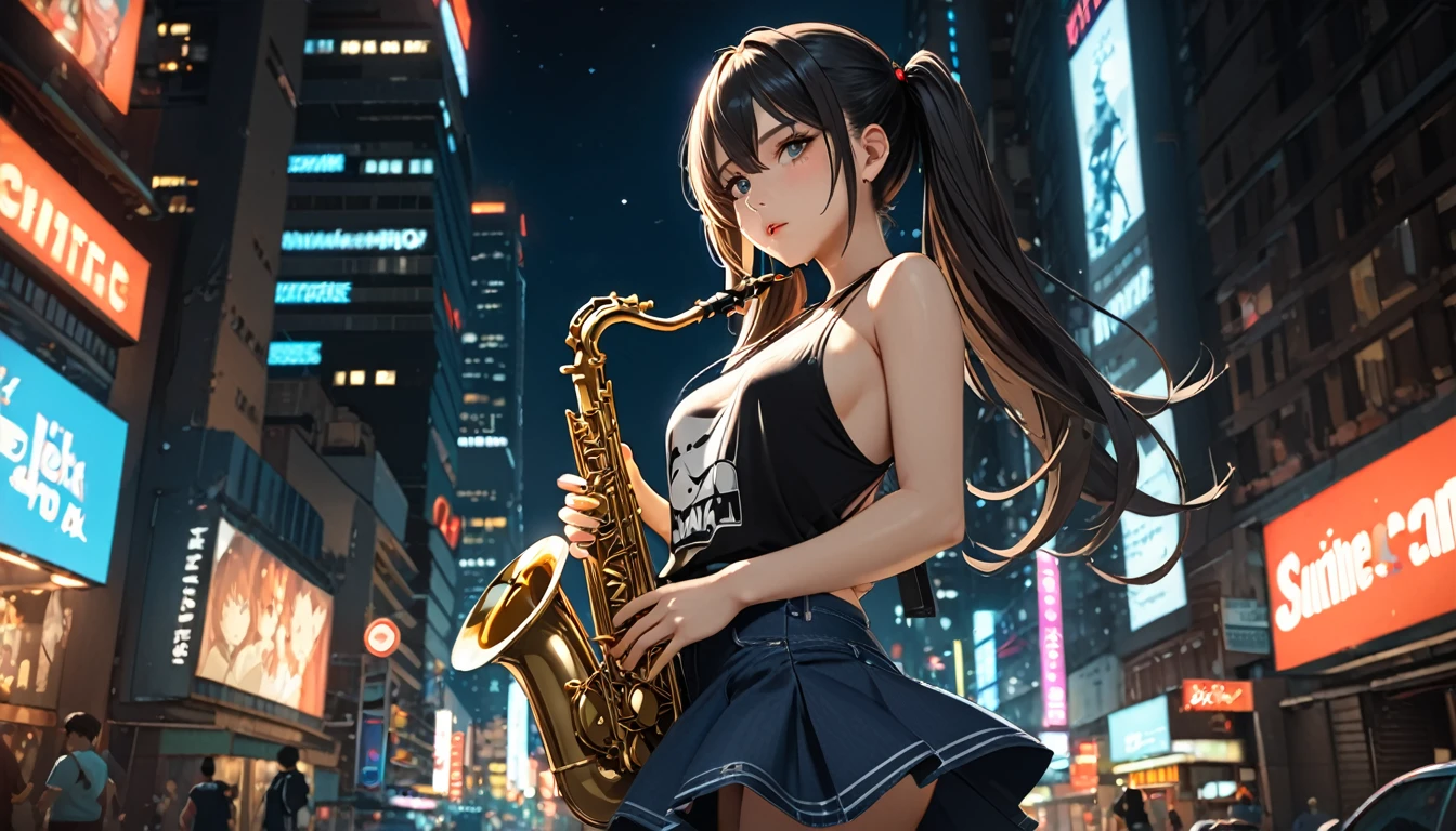 masterpiece, best quality, HuTaoV4, 1girl, solo, blush, twintails, long hair, hair between eyes, ((streetwear clothes)), city, outdoors, night, holding saxophone, movie poster, extremely detailed 8K, smooth, high resolution, ultra quality, cinematic lighting, ambient occlusion, hd, 2k, 4k, 8k, 16k, extremely detailed anime, detailed faces, perfect composition, wide shot, atmospheric lighting, very sexy, lift skirt, random low back angle, uncensored, nsfw, sin censura