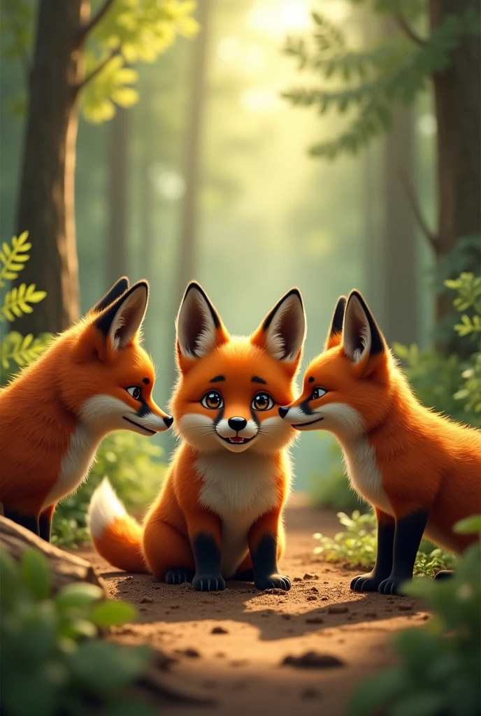 A German Shepherd puppy digging in a forest surrounded by adult foxes who welcome him, The little dog must be on the ground crying