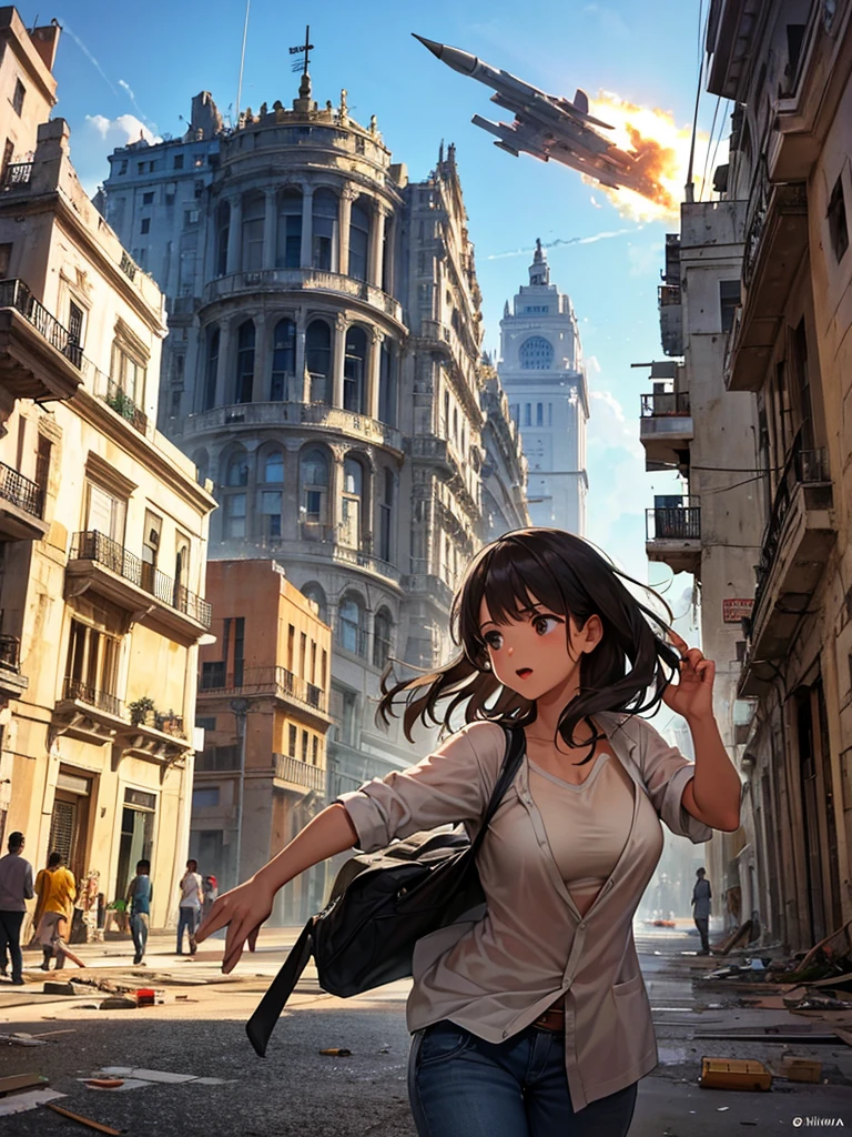 Fiction awareness event, Havana city of Cuba, Cuban Capitol, fighter jets flying, firing missiles, explosions throughout the city, remains of debris, Destroyed buildings