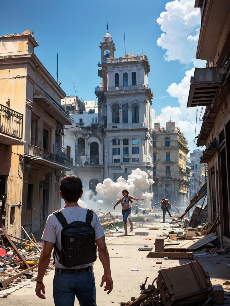 Fiction awareness event, Havana city of Cuba, Cuban Capitol, fighter jets flying, firing missiles, explosions throughout the city, remains of debris, Destroyed buildings