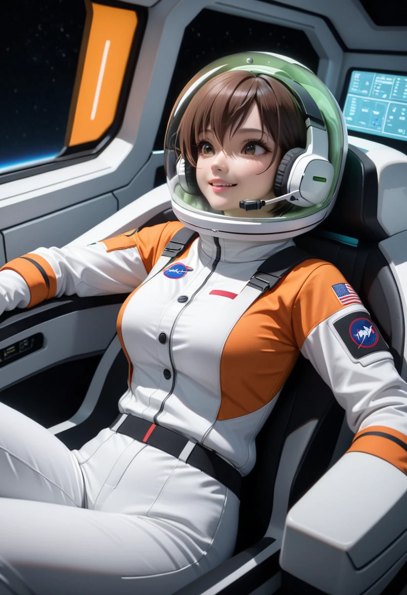 eva helm, spacesuit , astronaut),helmet, space helmet,spacesuit:1.15), white cargo pants, (ugh, wtf do these buttons do:1.3), inside the cockpit of a (futuristic spaceship:1.1), sitting in the captains chair, (intricate control panels:1.3), from side, girl, women, from above, smile,headsets:1.5)