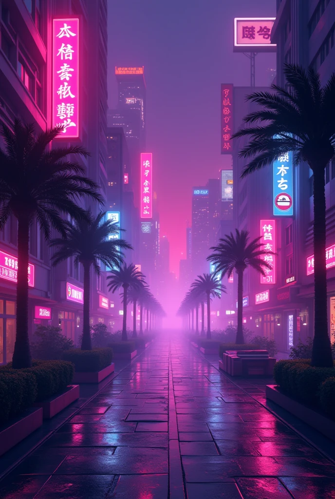 create a wallpaper style background image with a pixelated theme of a neon city with purple and pink tones, with glowing signs, futuristic type.