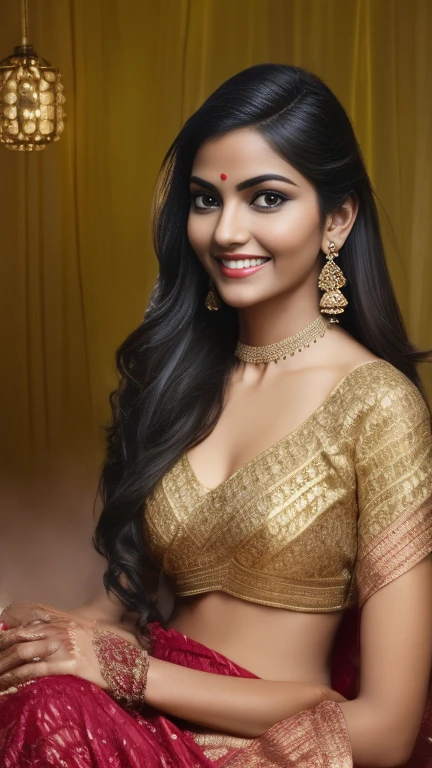 (masterpiece Portrait Photography:1.3) of a ravishing tall seductress girl celebrating Diwali by lighting Diyas, in a elegant Lane, wearing elegant Lehenga and Choli, navel, (ravishing glossy wavy backlit hair),lots of diyas, (big intricate eyes:1.3), (bright smile:1.3) soft dramatic lighting, Diwali decorations, lanterns, children celebrating Diwali, backlit, light rays, highly detailed, trending on artstation, paint splashes, rich colour, festive portrait, by Ron Hicks