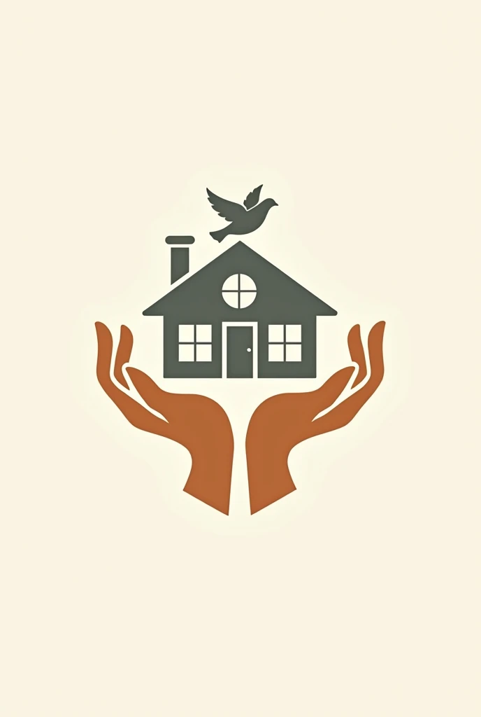 Open hands with a nice house above two windows and a door and a dove on top of the house with open wings that is a logo