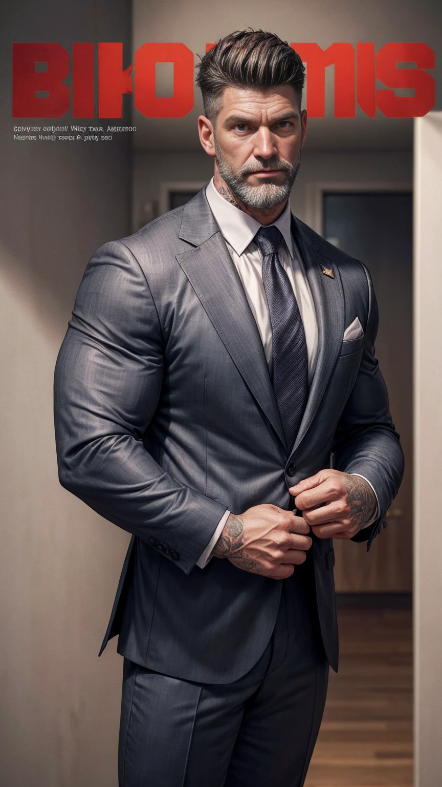 beard, short hair, small head tall old man, big beardfinger rings, wearing a suit and tie, wearing a suit and a tie, wearing suit and tie, wearing a shirt with a tie, wearing a business suit, wearing business suit, wearing black grey suit, wearing a stylish men's suit, wearing a suit, wearing a strict business suit, (8K, masterpiece, best quality, high resolution, Super detailed)elegant!Stylish background!!high-definition,8k,Skinny and tall!muscular,chesthair, Furry chest muscles!shirtless,smirk, masterpiece, best quality, high resolution, detailed background,Strong body,Very,male,he is about 60 years old,Rugged and handsome looking,Muscle tissue,Excessive muscles,chest muscles!Angry detailed background, frown, best quality, masterpiece,(muscular:1.5),(white hair:1.5 ),(Body hair is gray:1.5),Thick beard! old man,! handsome (reference American Volleyball Olympics Player - Matt Anderson), (reference Matt Anderson) (bluck tattoo:1.2), thick beard, short hair, small head identifying its content. The content of this image includes a magazine cover with a photograph of a man who appears to be an athlete, given his attire and physique. The text on the magazine cover provides context that the individual is featured for his achievements in sports, specifically related to the Olympics. The magazine's name suggests it is a monthly publication focused on local news or events, as indicated by the mention of "Zionsville." The overall aesthetic of the cover, including the choice of colors and fonts, is designed to convey a sense of accomplishment and community pride. (Chest hair:1.8) ! High detail 8K)! ((Realistically))kilograms! Popular clips! ( High-detail 8k ((realistically)), best quality, bright lighting, focus, photo realism, !Short hair!!,Germany Male !Height 208cm, small head!