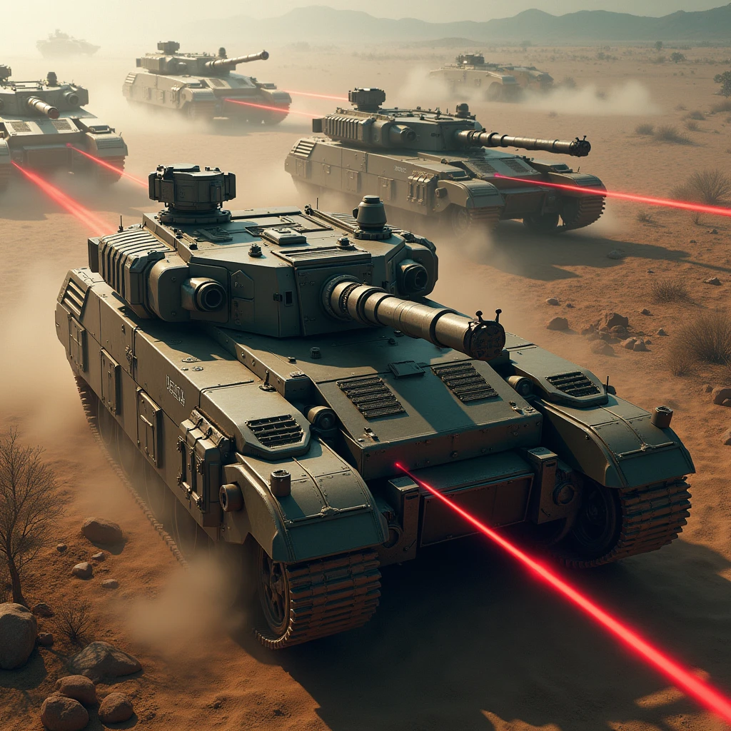 Armored Tanks, game "Command & Conquer:Red Alert", laser Tanks, from above, bird's eye view, cinematic still, dynamic movement, surreal, game scene, (best quality, masterpiece, photorealistic), very aesthetic, perfect composition, intricate details, ultra-detailed, vivid colors