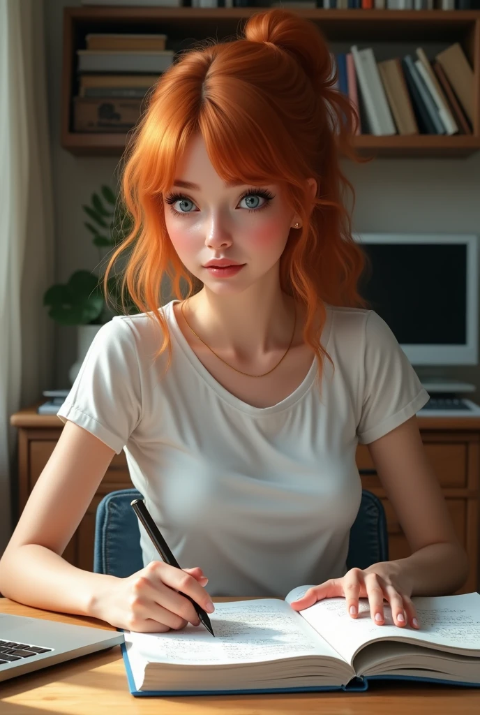 A pretty female with ginger hair, bangs, and baby blue eyes, wearing blue jeans, and a white t-shirt. She is studying math. Make it realistic. 