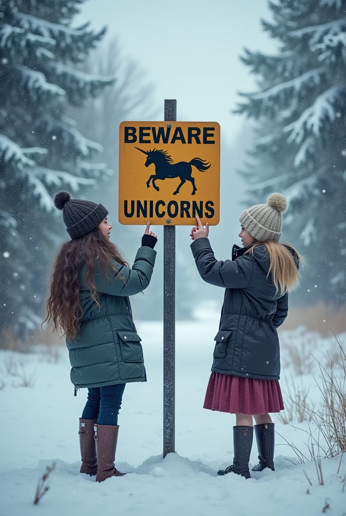 twogirls, a brunette and a blonde pointing to a sign that says ''beware unicorns'' in a very cold realistic place
