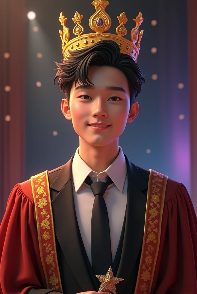 Boy wears university uniform, crown, win of model competition, Thai look , adult, handsome, smart, kind, bright look