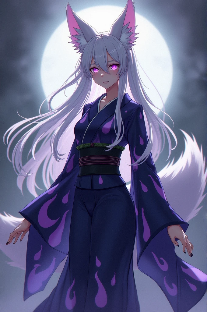 Height 182 cm, Her hair is silvery white, its ears are large and similar to those of a fox, she is a fox yokai. With fox-like violet pupils that darken with strong emotion. She has a white tail, dressed with considerable elegance in a dramatic flame-patterned kimono, your hair long and loose