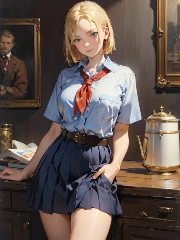 art by (Carl Larsson:1.2),(post-Impressionist),,((oil painting)),soft lighting,COOL,cammy sf6, 1girl,独奏,blonde hair, short hair,Absurd resolution, A high resolution, (tmasterpiece:1.4), ((gigantic braests)), ultra - detailed, 1girll, brown color eyes, cabelos preto e longos,Wear a police uniform and a short skirt, the city street,sexyposture, The camera is close to the body Very young and slim girl, Full Height, round face, Big Blue Eyes, A shy smile, Perfect big , Pioneer neckerchief, Micro tight blue pleated skirt, bangs, tight white shirt, Short sleeve, Collared shirt, belt, Red neckerchief, Chest pocket, Braiding, Hair Ribbon, Blue Ribbon, Short curly fluffy blonde hair, Things to know