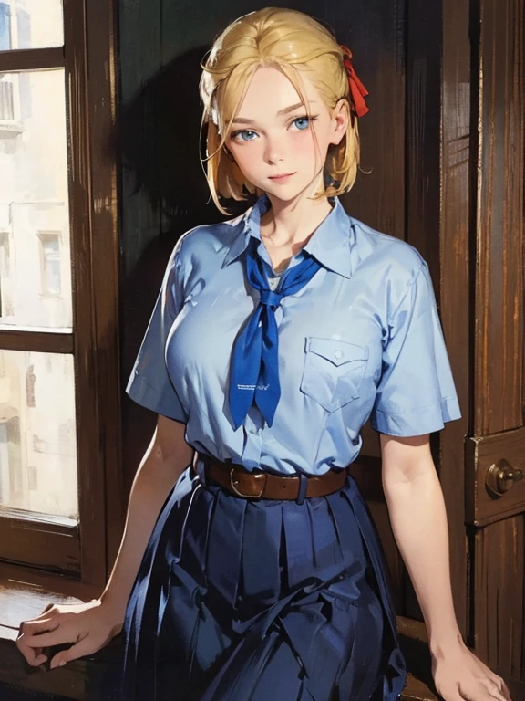 art by (Carl Larsson:1.2),(post-Impressionist),,((oil painting)),soft lighting,COOL,cammy sf6, 1girl,独奏,blonde hair, short hair,Absurd resolution, A high resolution, (tmasterpiece:1.4), ((gigantic braests)), ultra - detailed, 1girll, brown color eyes, cabelos preto e longos,Wear a police uniform and a short skirt, the city street,sexyposture, The camera is close to the body Very young and slim girl, Full Height, round face, Big Blue Eyes, A shy smile, Perfect big , Pioneer neckerchief, Micro tight blue pleated skirt, bangs, tight white shirt, Short sleeve, Collared shirt, belt, Red neckerchief, Chest pocket, Braiding, Hair Ribbon, Blue Ribbon, Short curly fluffy blonde hair, Things to know