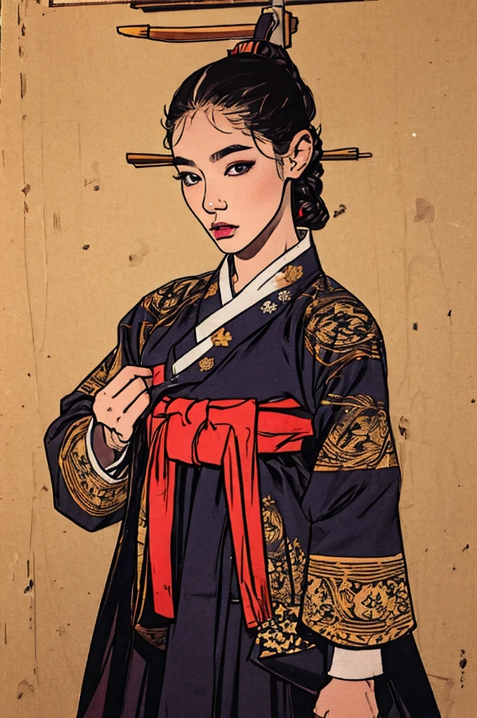 one person 16th century korean woman, hanbok, traditional korean clothing, portrait, upper body, sexy beauty, seductive, mature, sensual, Ink painting