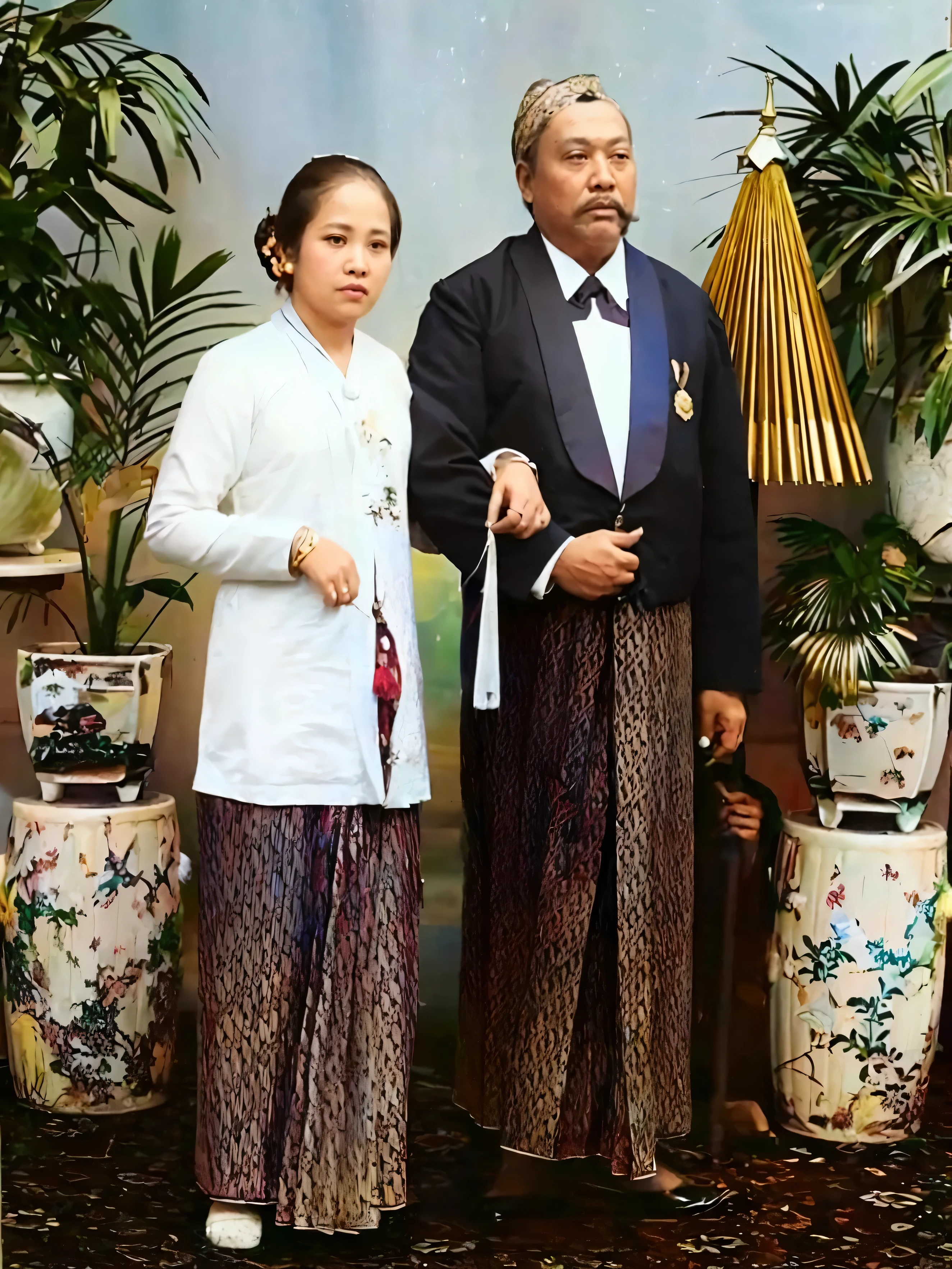 Make this photo look realistic and detailed, there are two people standing next to each other in front of vases, sultan family, sultan family member, wearing traditional garb, an indonesian family portrait, traditional clothes, traditional dress, ceremonial portrait, traditional clothing, wearing authentic attire, traditional costume, wearing ornate clothing, very detailed potrait, realistic portrait photo, close up potrait, profile portrait, very detailed face, very realistic face, very perfected face, very detailed clothes, very realistic clothes, very perfected clothes